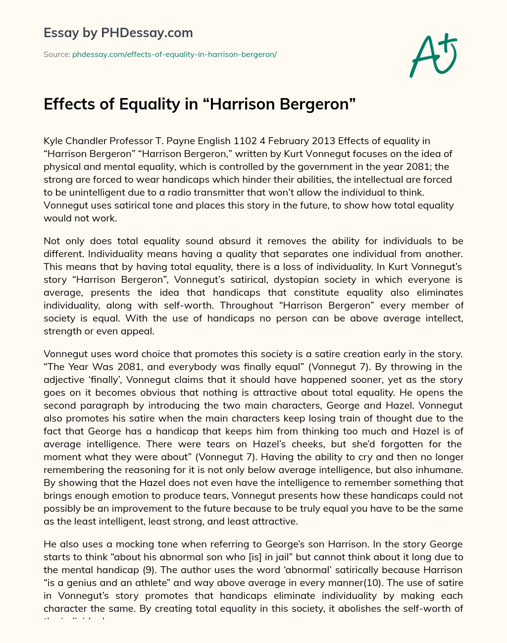 Effects of Equality in “Harrison Bergeron” essay