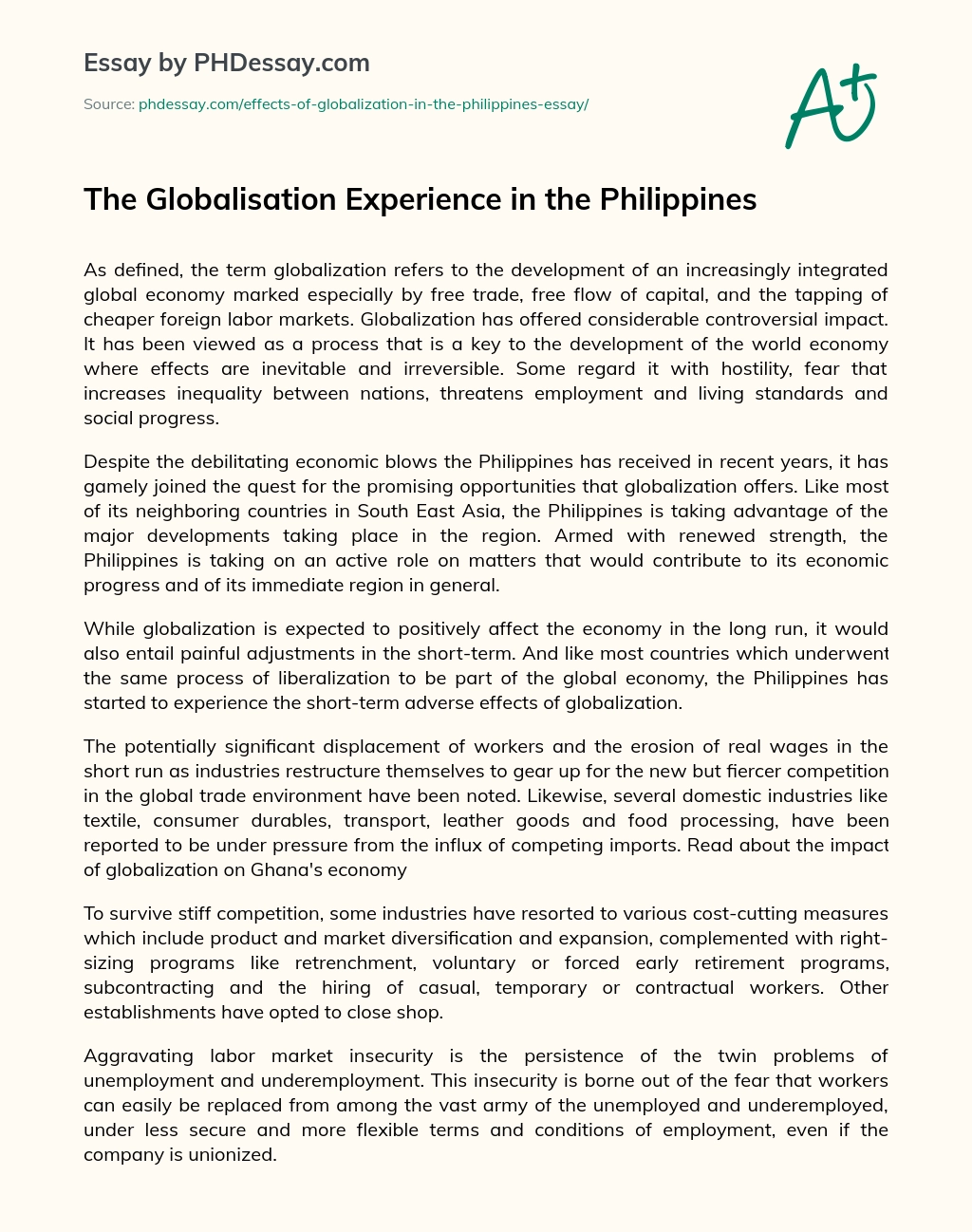 The Globalisation Experience In The Philippines Personal And Research 