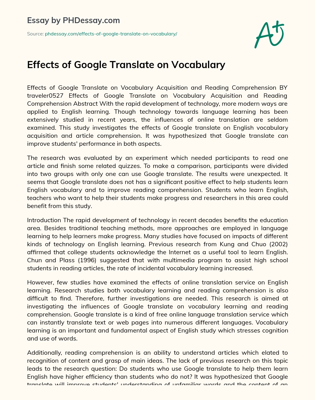 Effects of Google Translate on Vocabulary essay