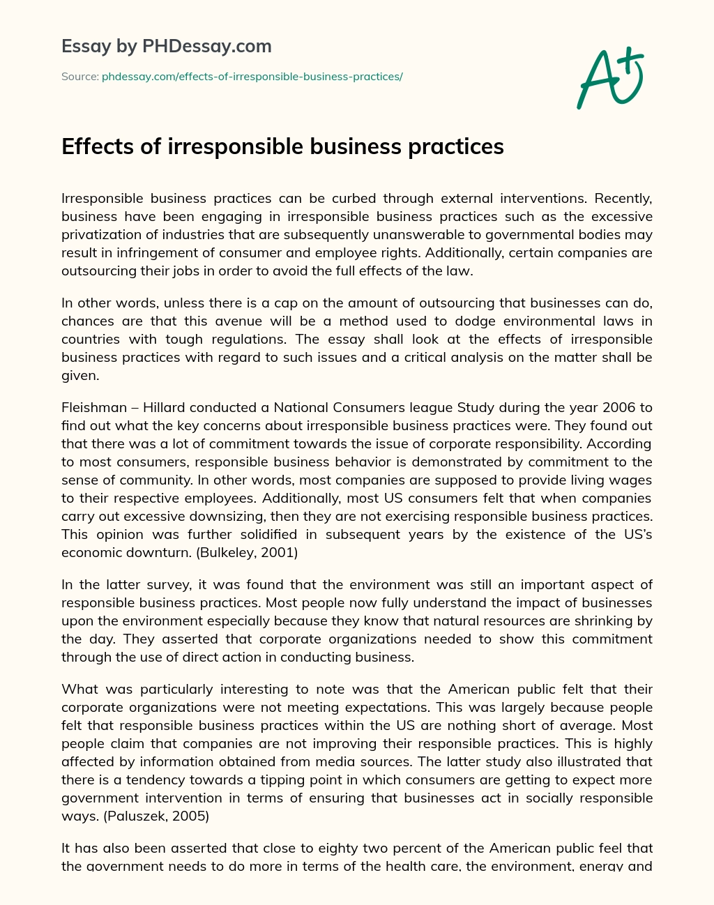 Effects of irresponsible business practices essay