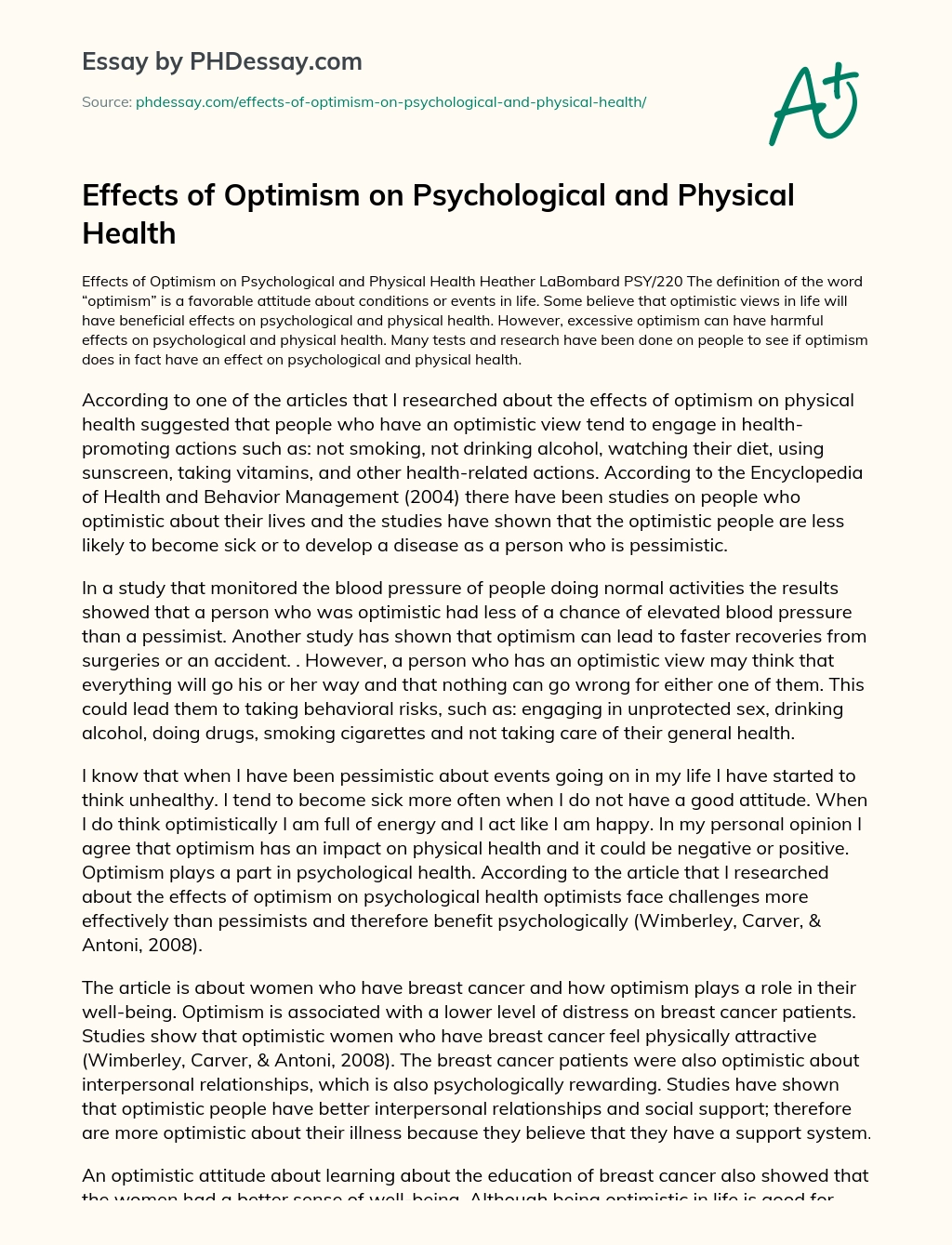 Effects of Optimism on Psychological and Physical Health essay