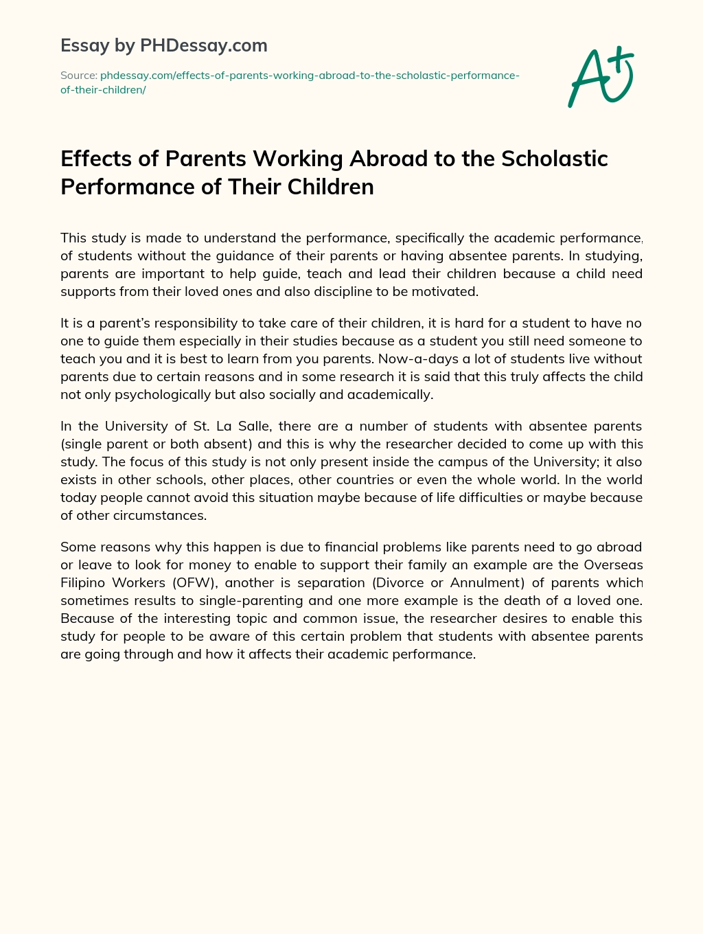 Effects of Parents Working Abroad to the Scholastic Performance of Their Children essay