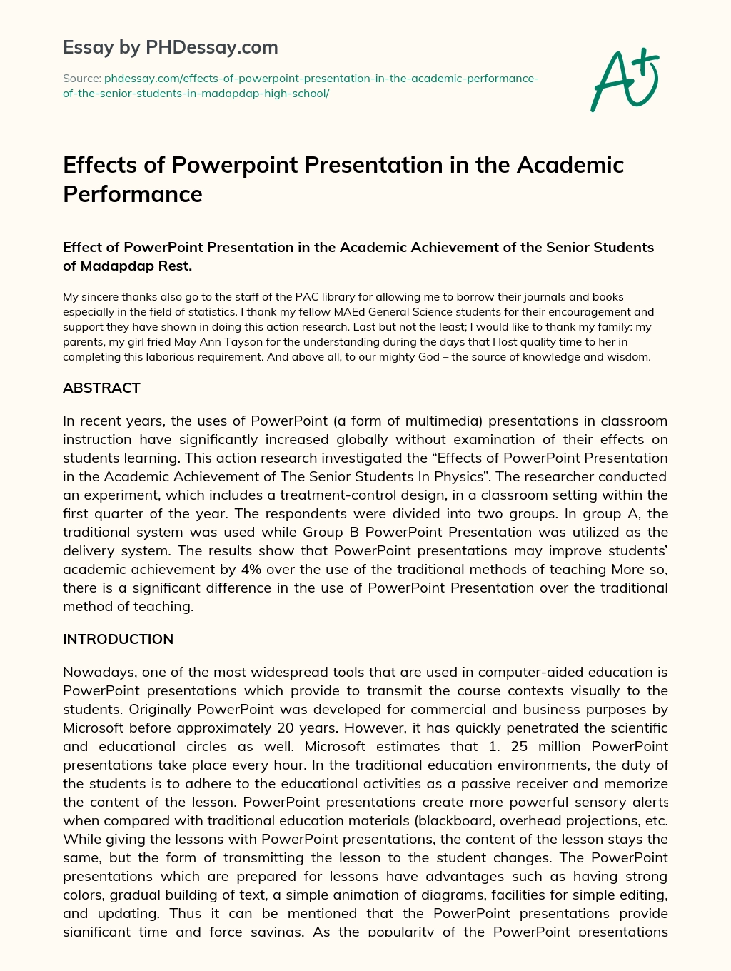 Effects of Powerpoint Presentation in the Academic Performance essay