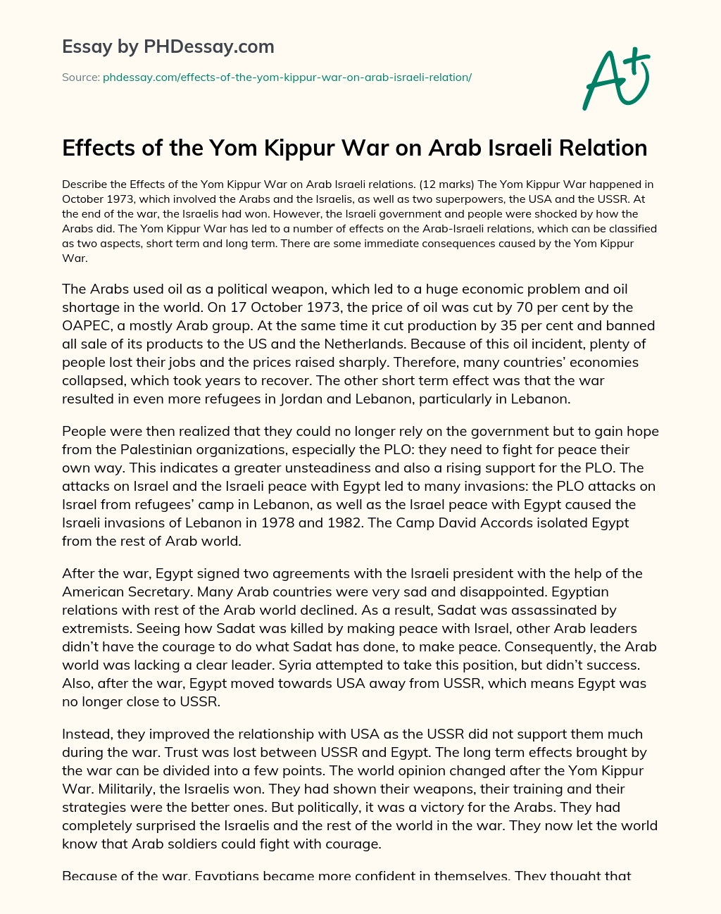 Effects of the Yom Kippur War on Arab Israeli Relation essay
