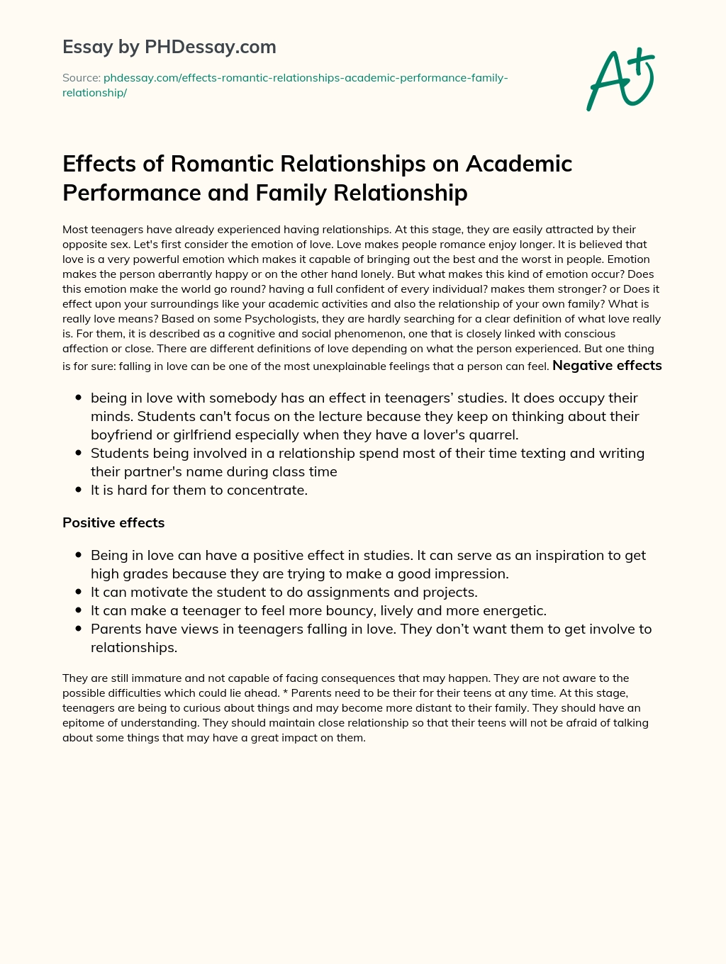 Effects of Romantic Relationships on Academic Performance and Family Relationship essay