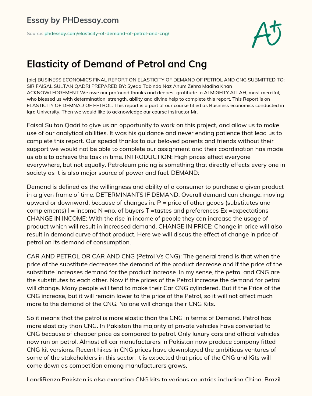 Elasticity of Demand of Petrol and Cng essay