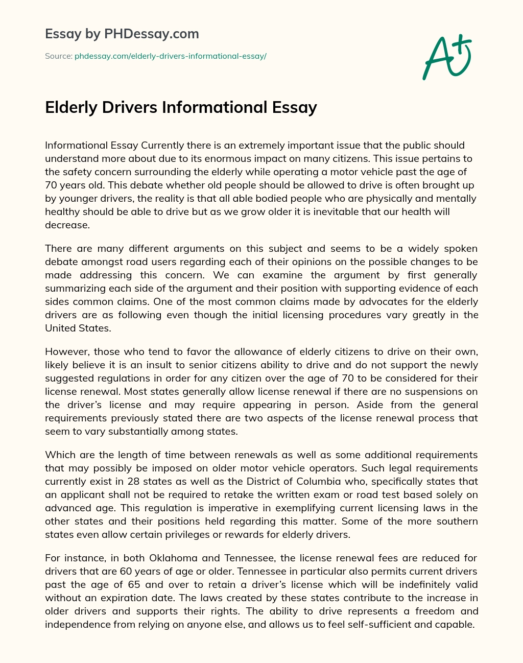Реферат: Elderly Driver Dangers Essay Research Paper What