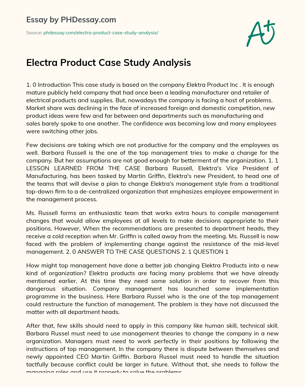 Electra Product Case Study Analysis essay