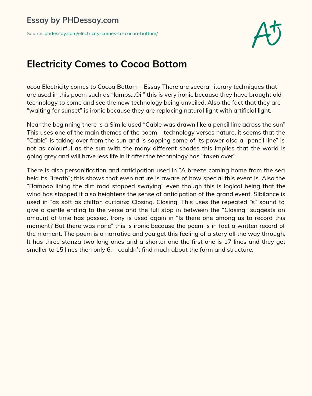 Electricity Comes to Cocoa Bottom essay