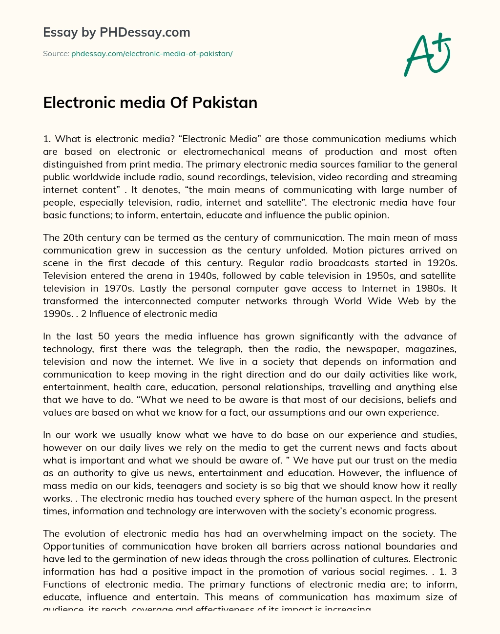 Electronic media Of Pakistan essay