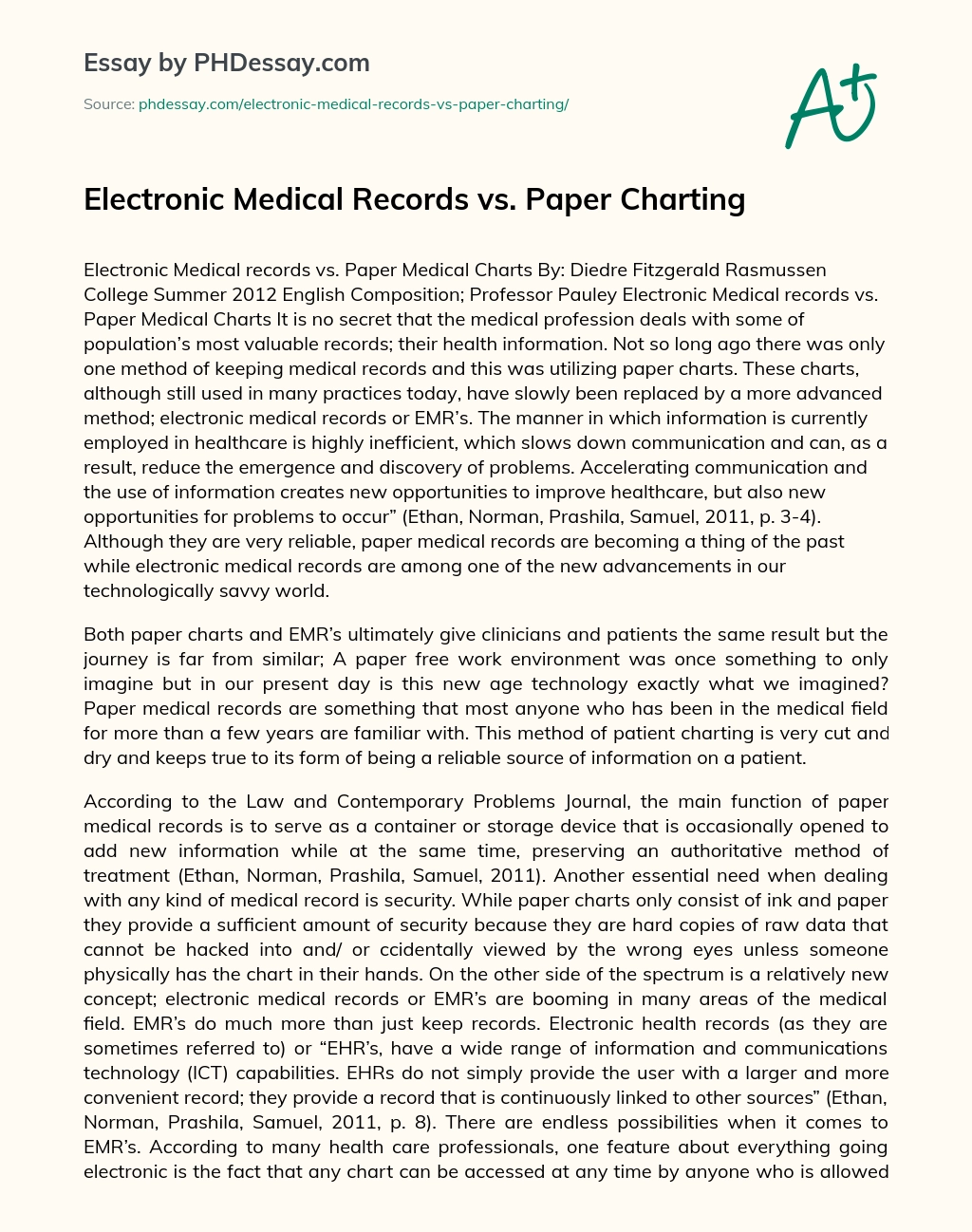Electronic Medical Records vs. Paper Charting essay