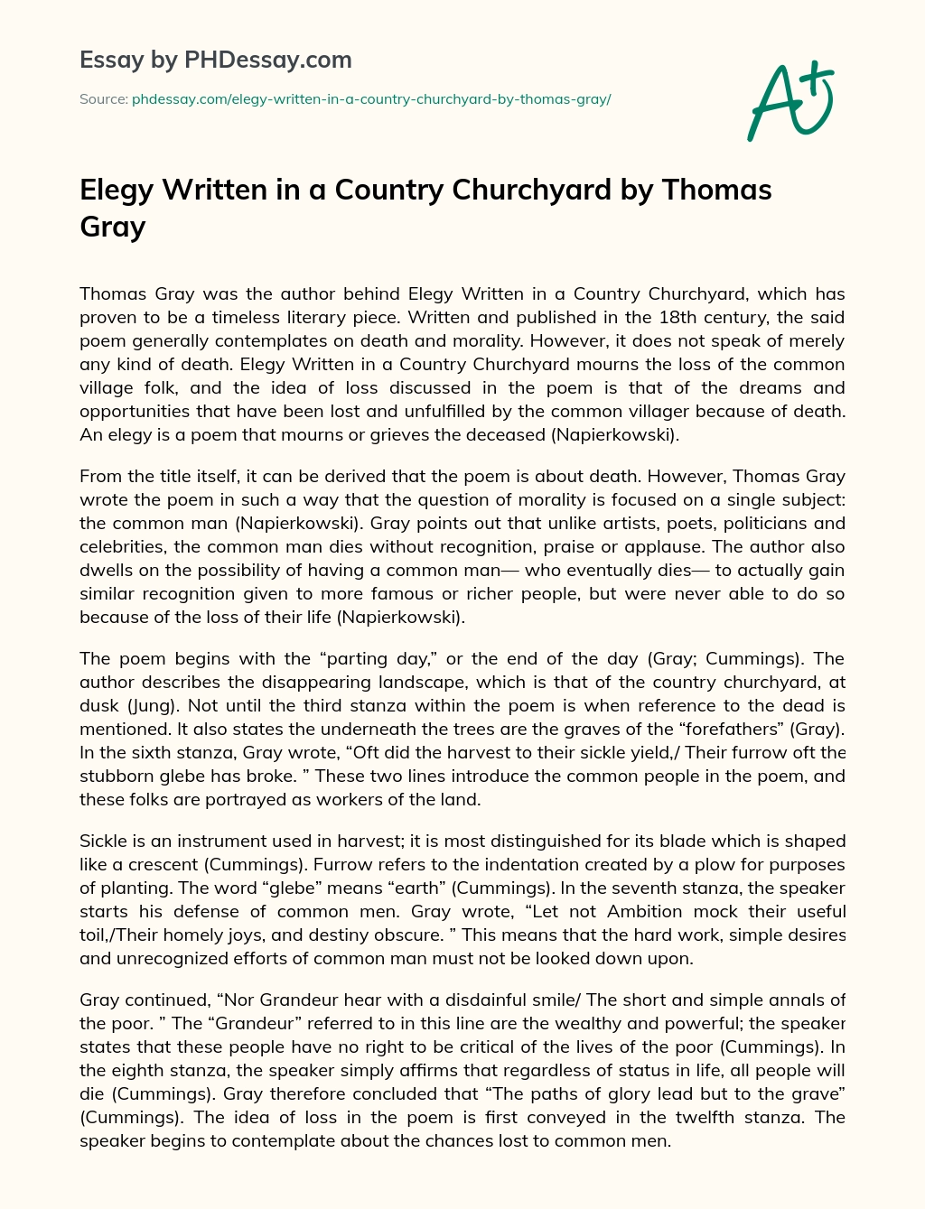 Elegy Written in a Country Churchyard by Thomas Gray essay