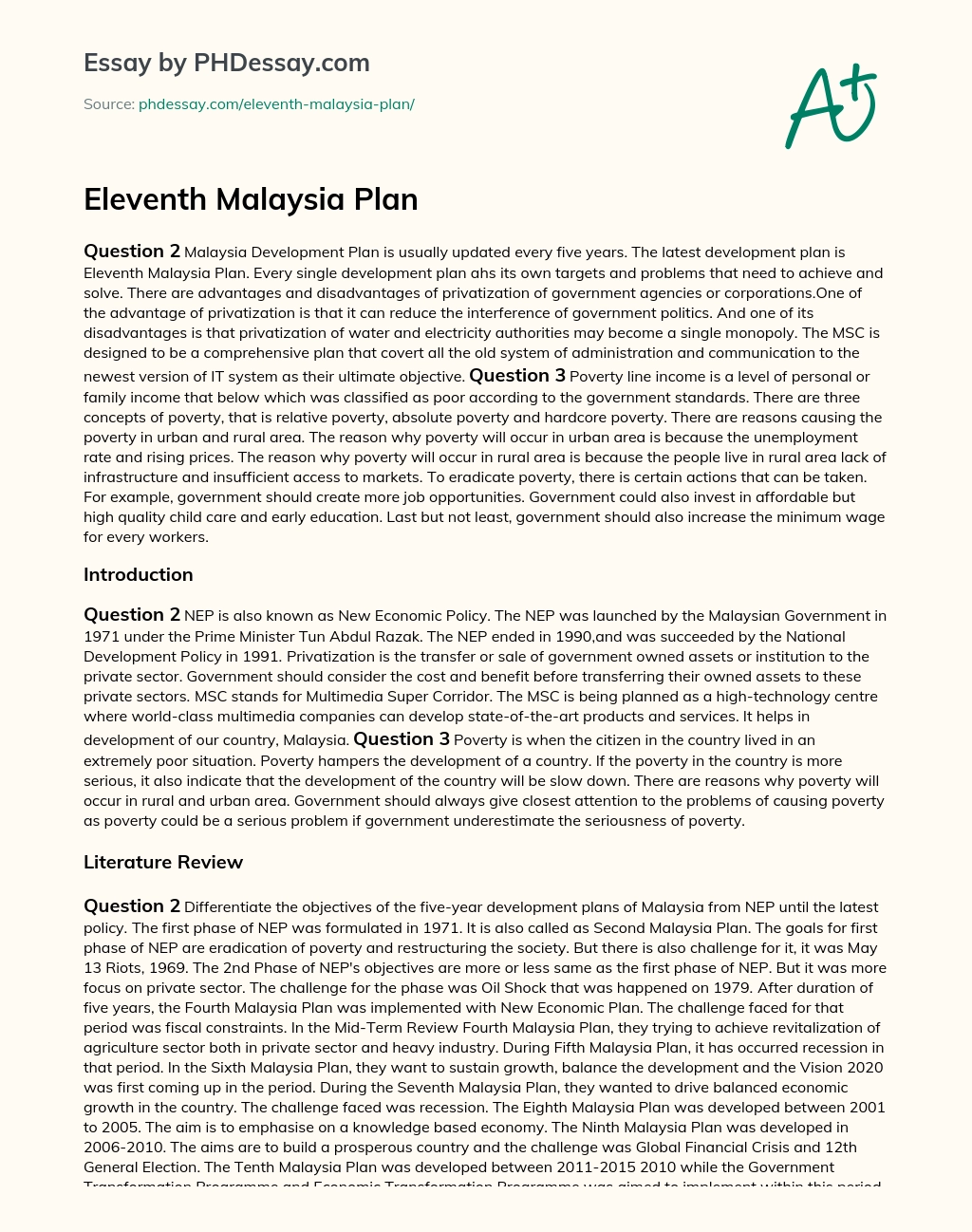 Eleventh Malaysia Plan essay