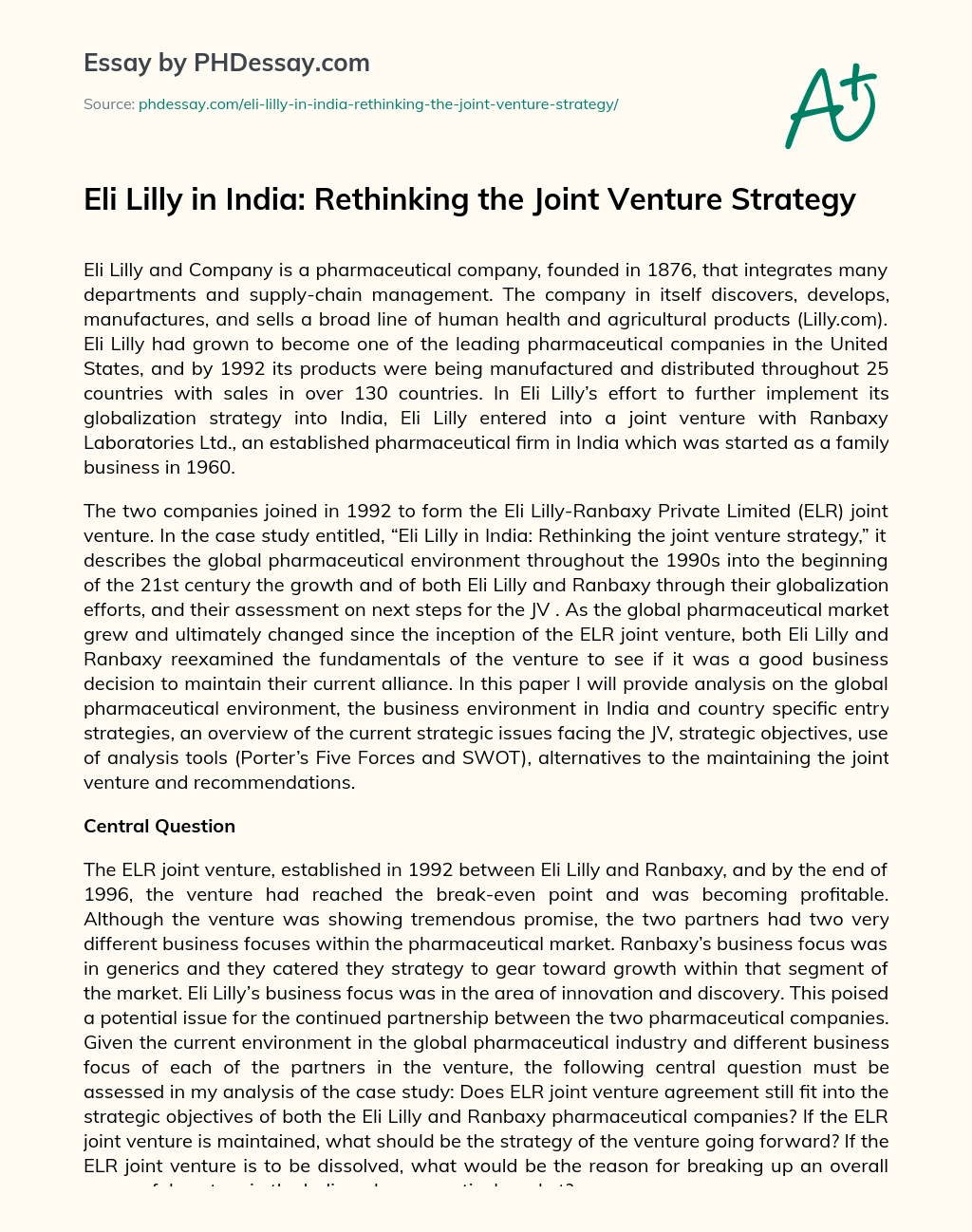 Eli Lilly in India: Rethinking the Joint Venture Strategy essay
