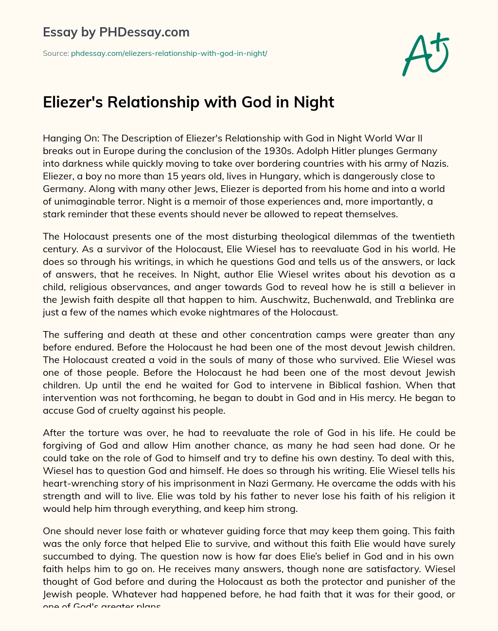 Eliezer’s Relationship with God in Night essay