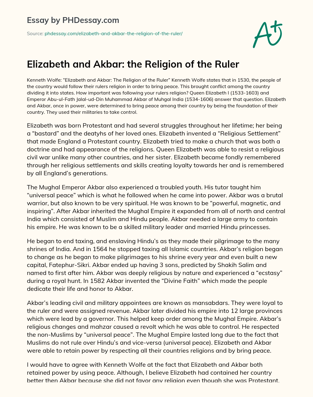 Elizabeth and Akbar: the Religion of the Ruler essay