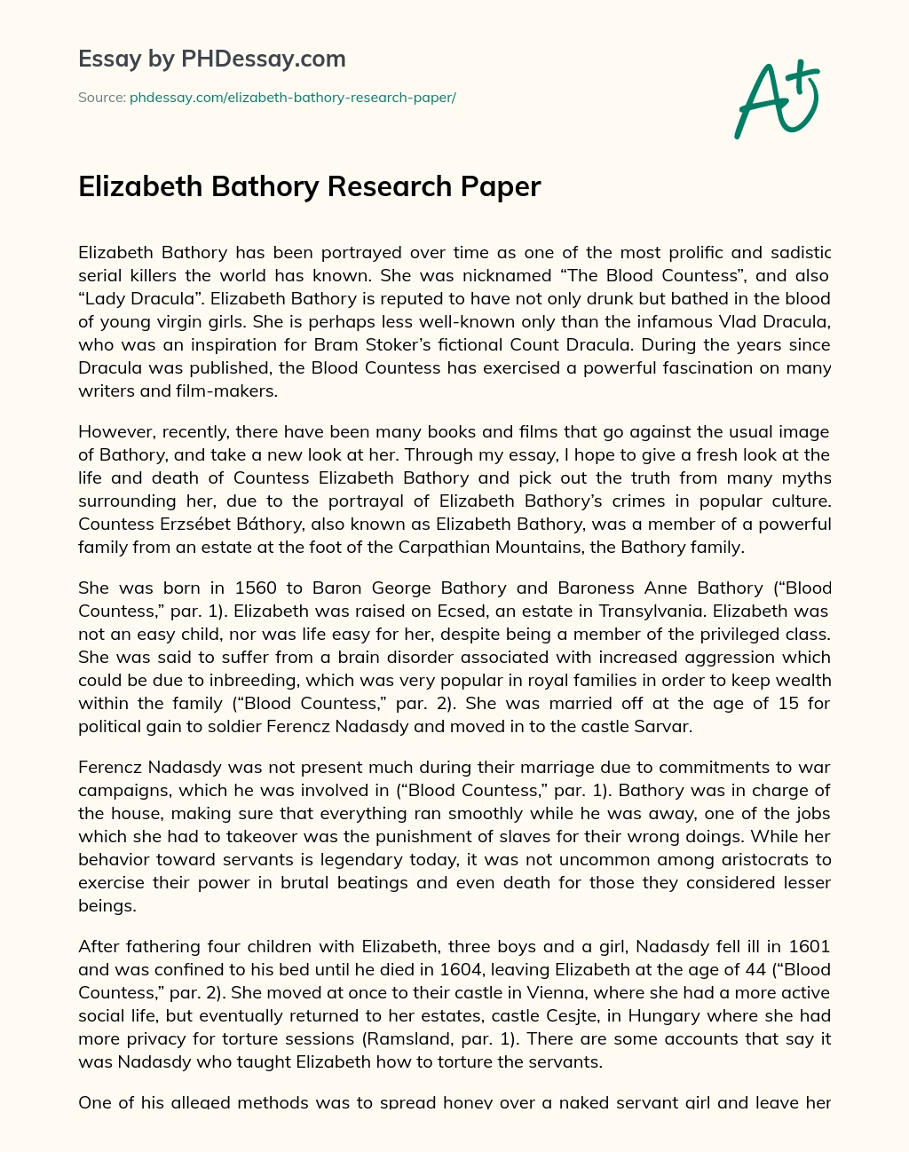 Elizabeth Bathory Research Paper essay