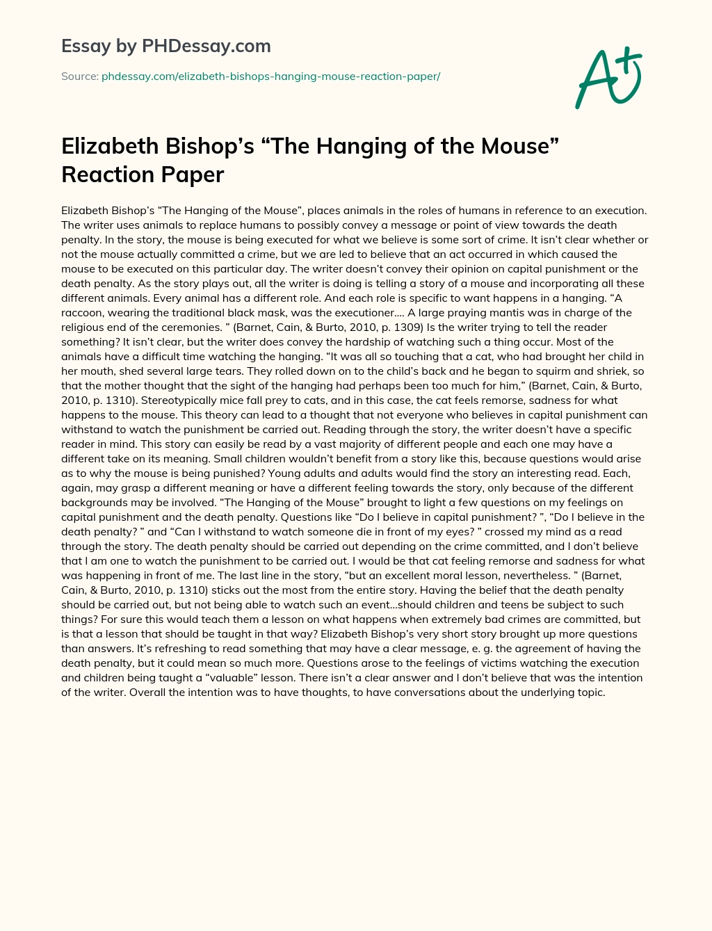 Elizabeth Bishop’s “The Hanging of the Mouse” Reaction Paper essay