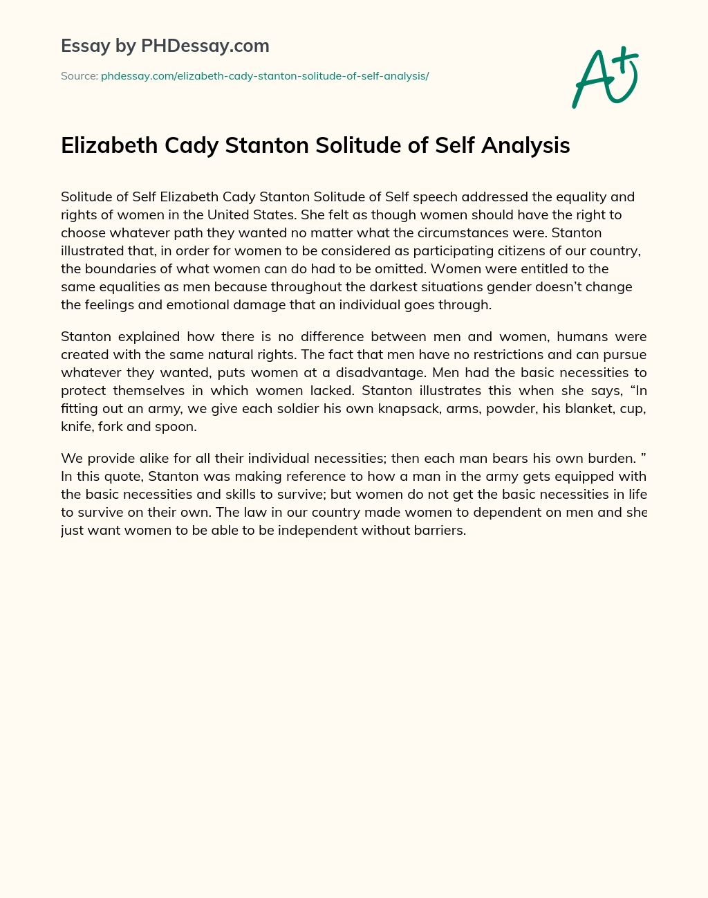 Elizabeth Cady Stanton Solitude of Self Analysis essay