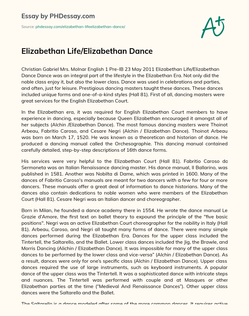 Elizabethan Life/Elizabethan Dance essay