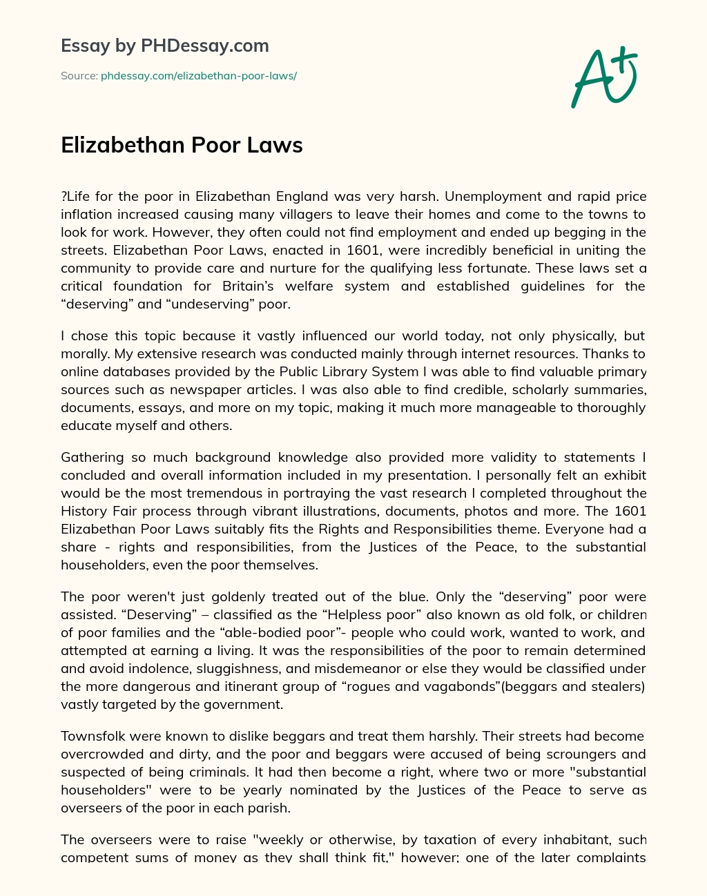 Elizabethan Poor Laws essay