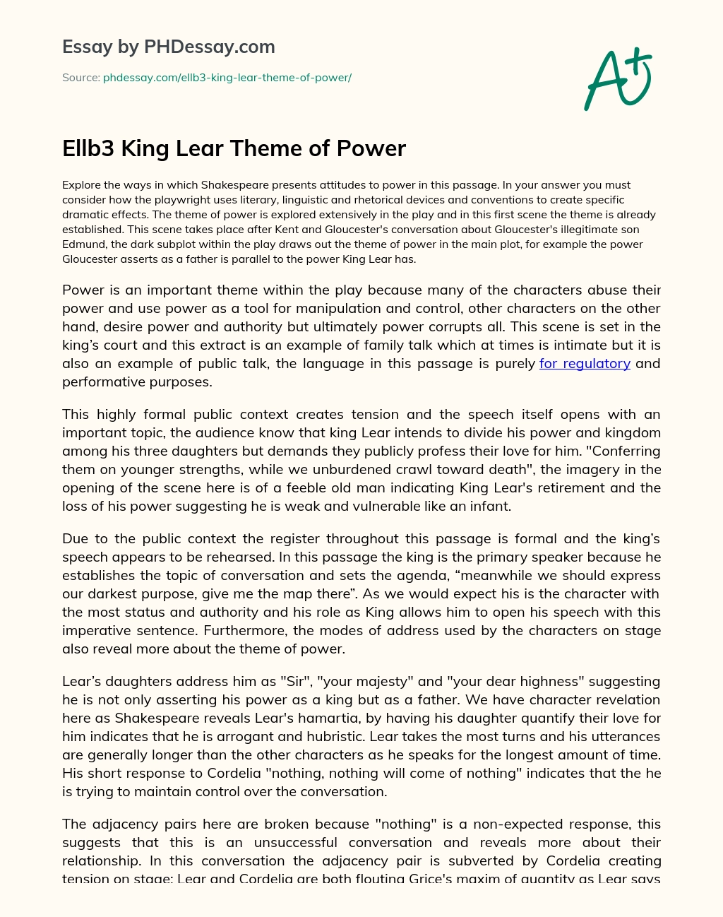Ellb3 King Lear Theme of Power essay