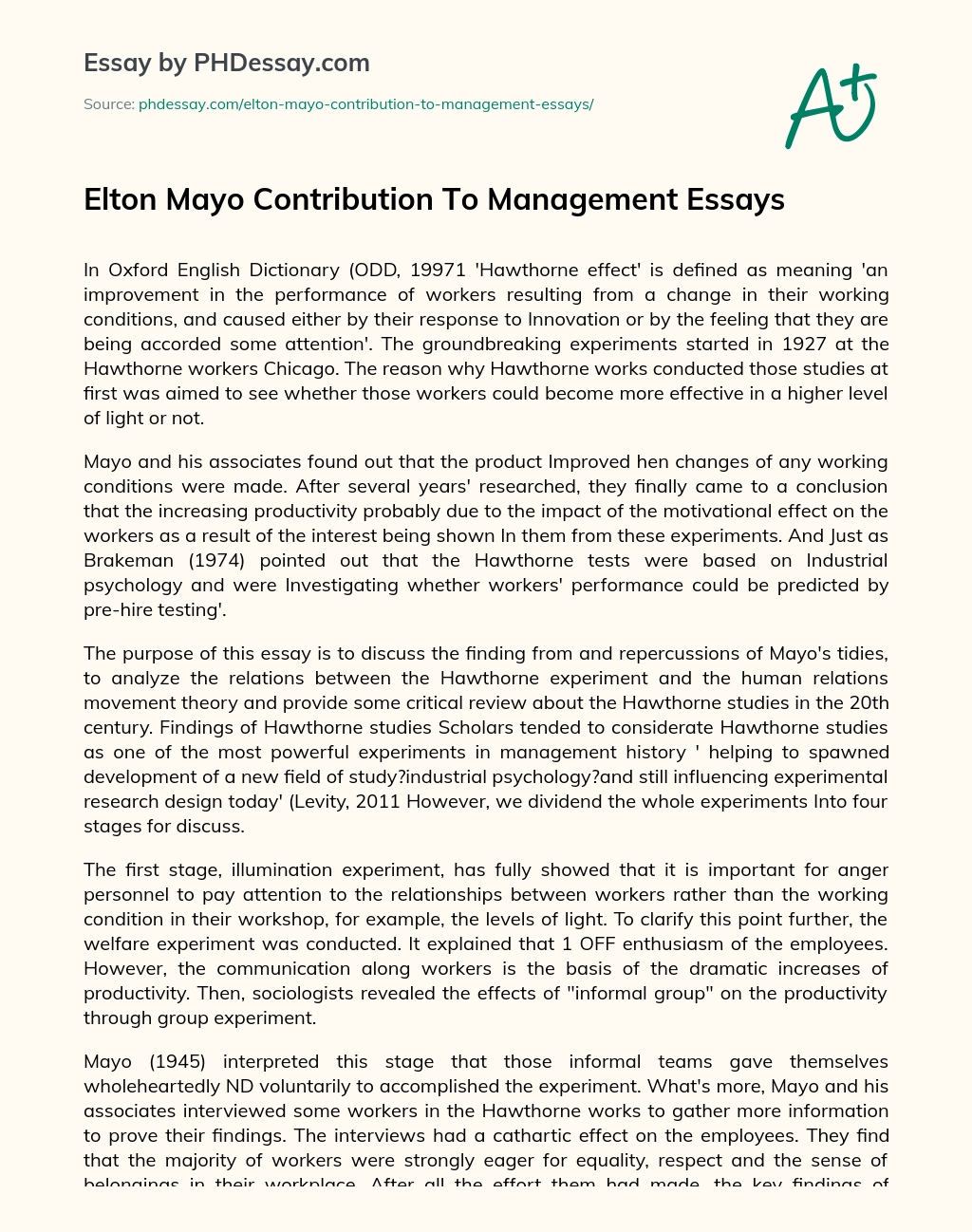 Elton Mayo Contribution To Management Essays essay