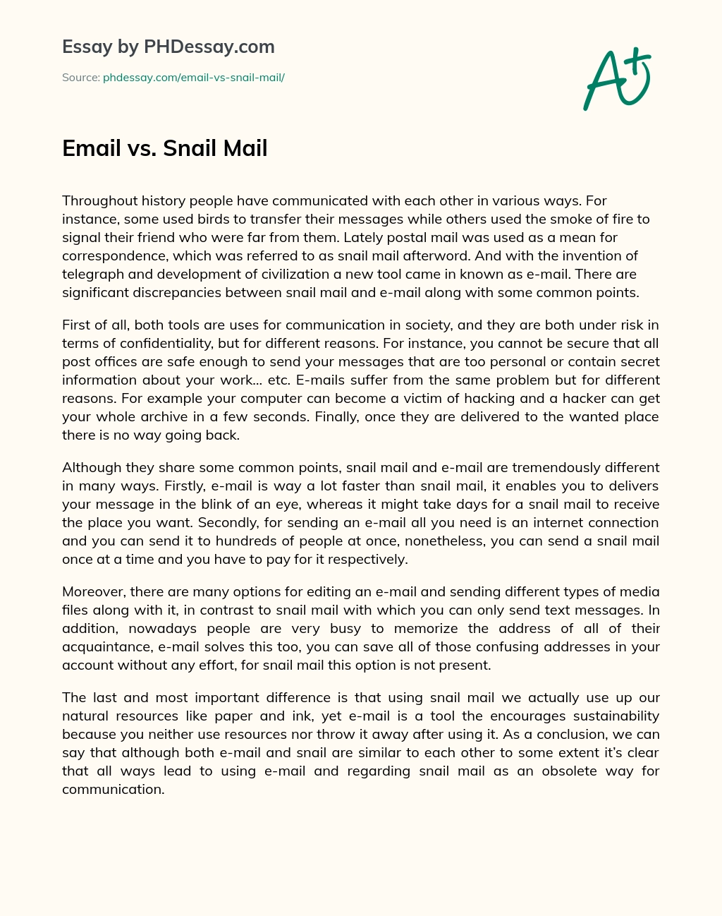 Email vs. Snail Mail essay