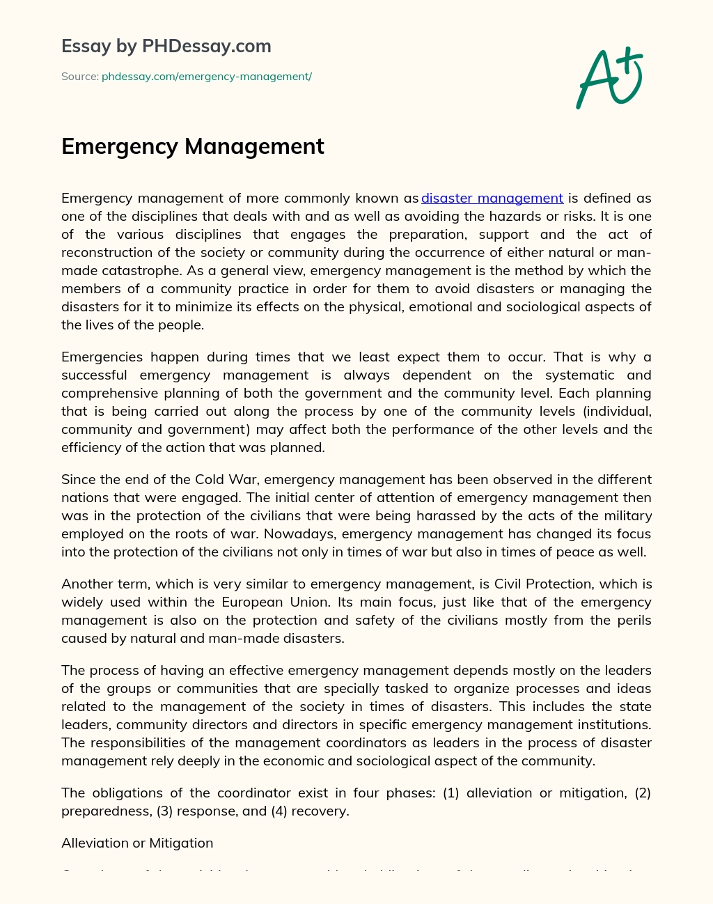 Emergency Management essay