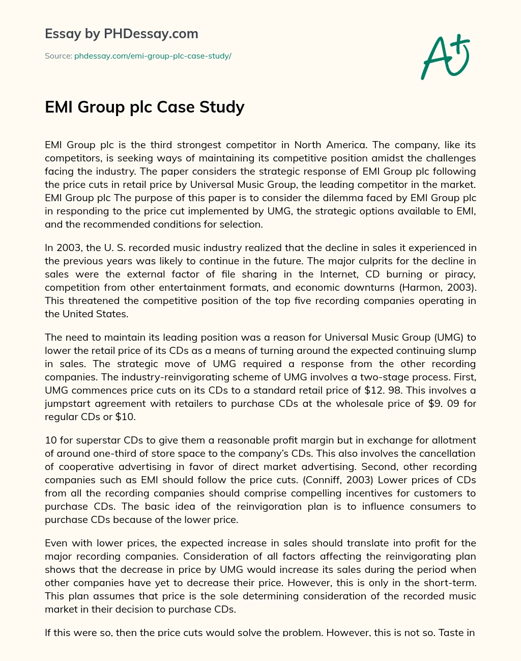 EMI Group plc Case Study essay