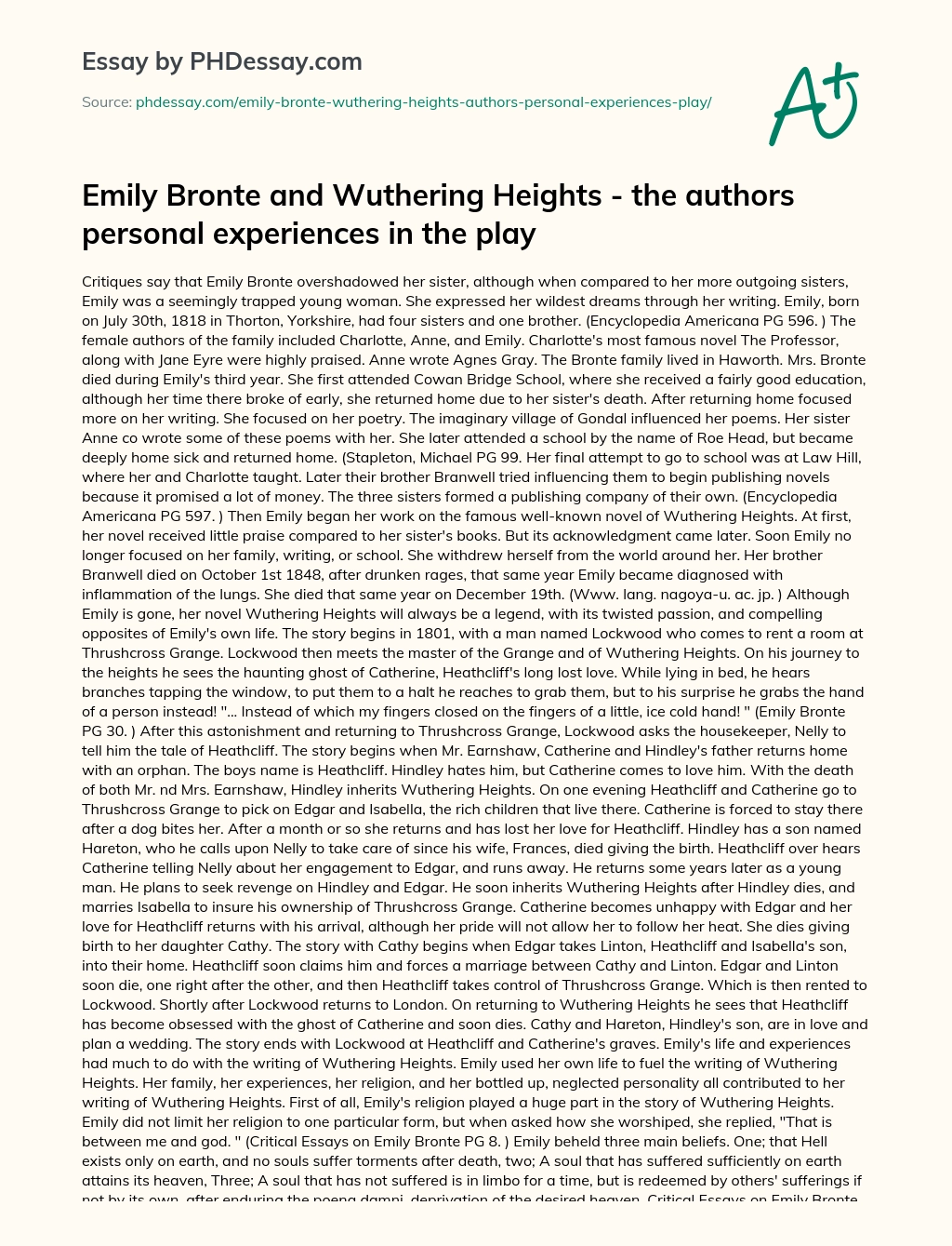 Emily Bronte and Wuthering Heights – the authors personal experiences in the play essay