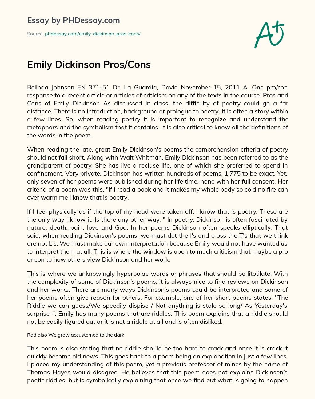Emily Dickinson Pros/Cons essay
