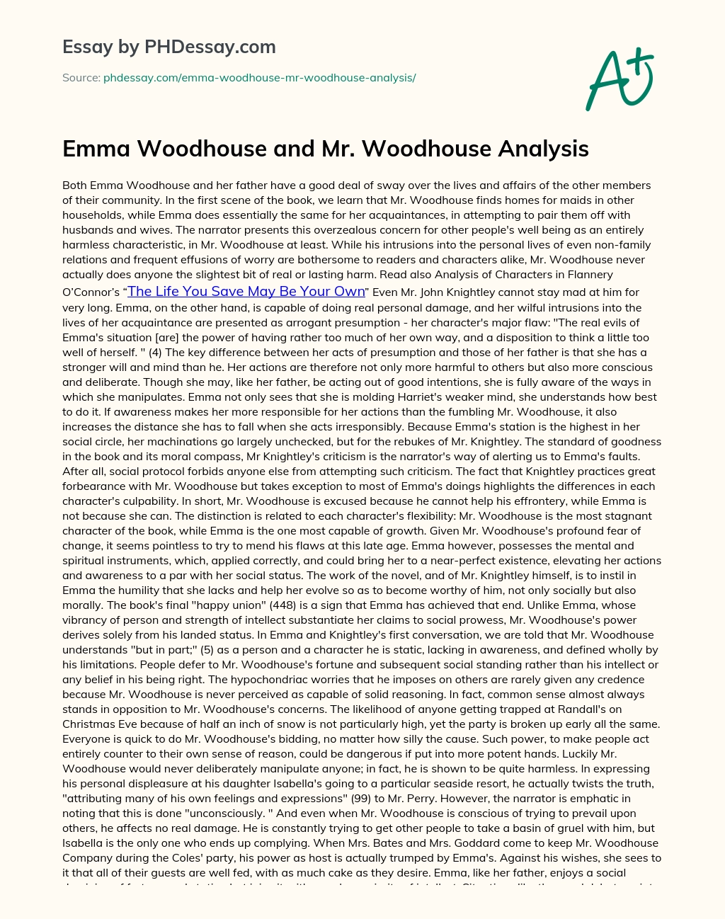 Emma Woodhouse and Mr. Woodhouse Analysis essay