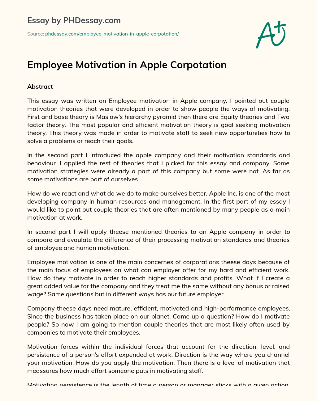 Employee Motivation in Apple Corpotation essay