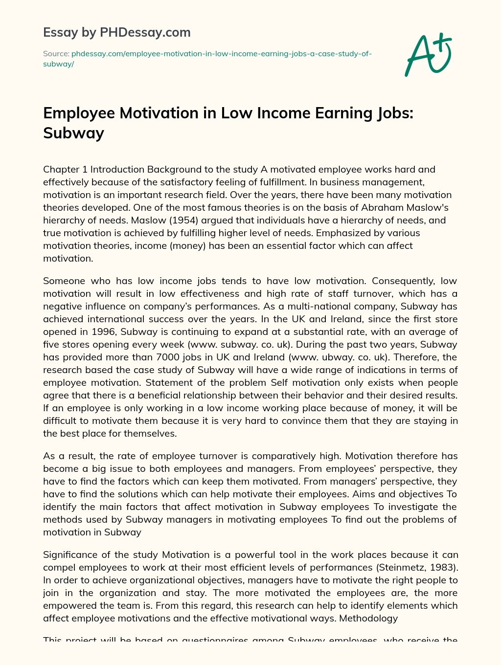 Employee Motivation in Low Income Earning Jobs:  Subway essay