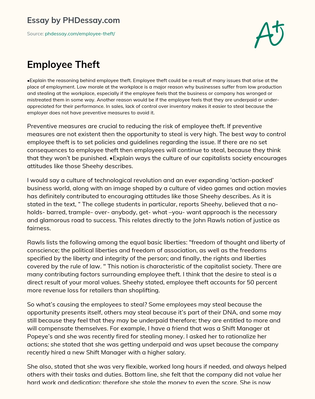Реферат: Employee Theft Essay Research Paper INTRODUCTION