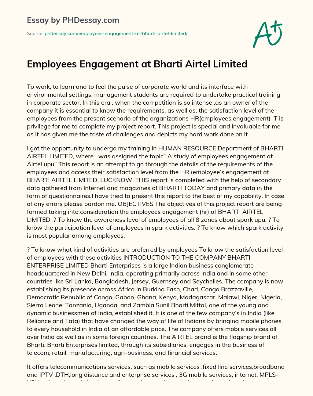 Employees Engagement at Bharti Airtel Limited essay