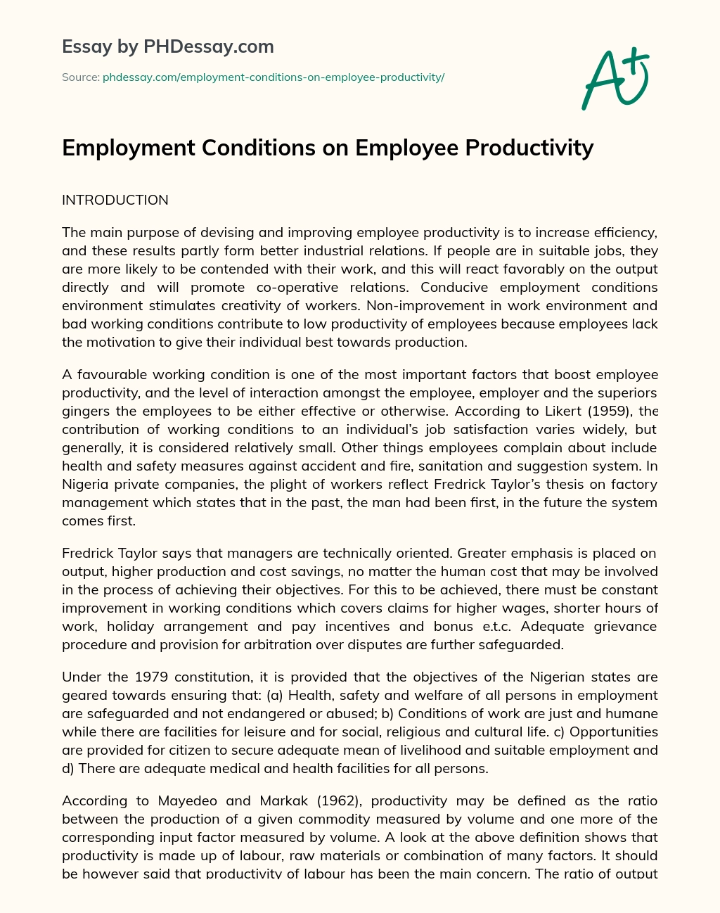 Employment Conditions on Employee Productivity essay