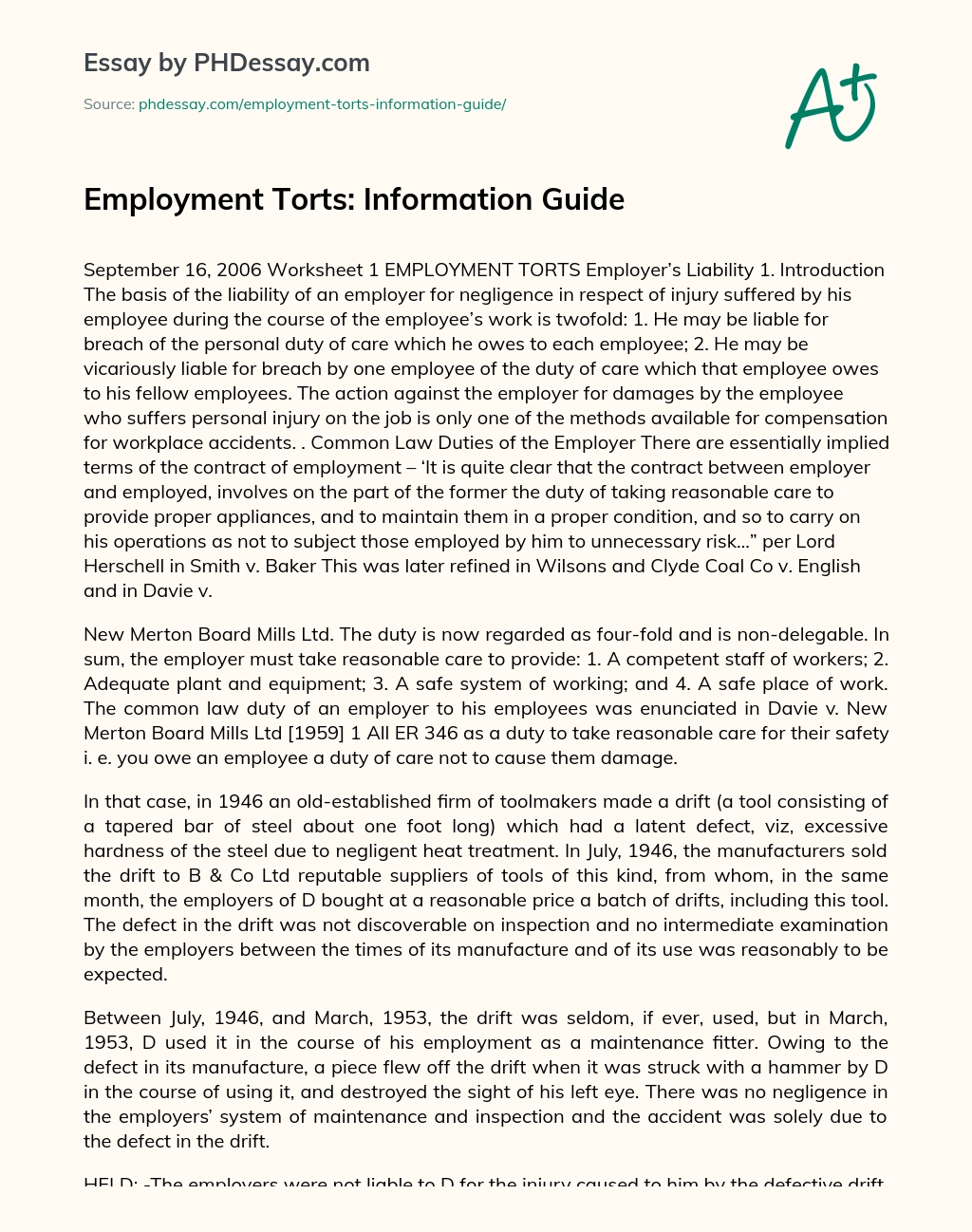 Employment Torts: Information Guide essay