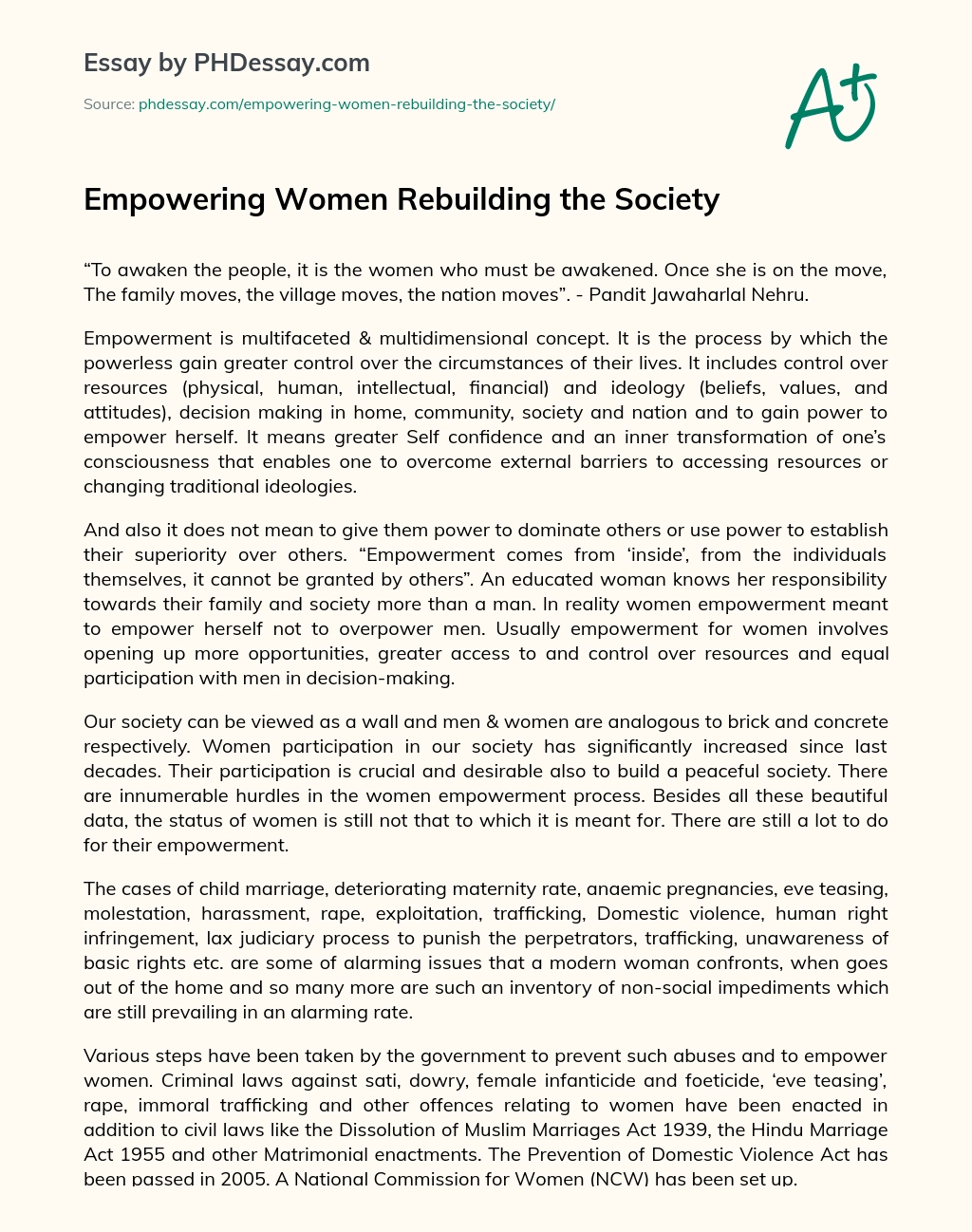 Empowering Women Rebuilding the Society essay