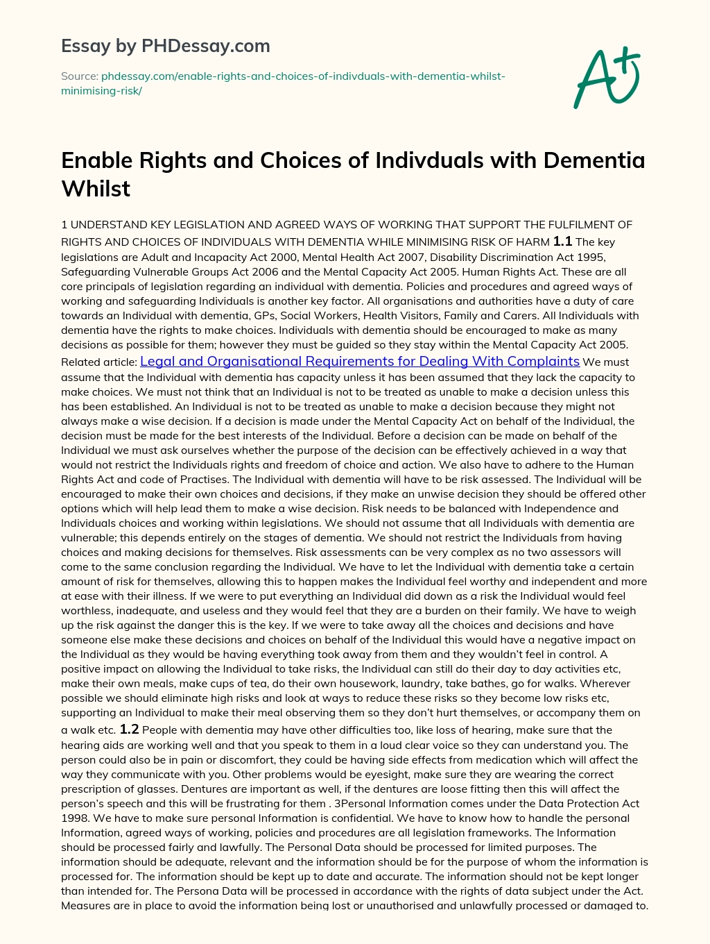 Enable Rights and Choices of Indivduals with Dementia Whilst essay