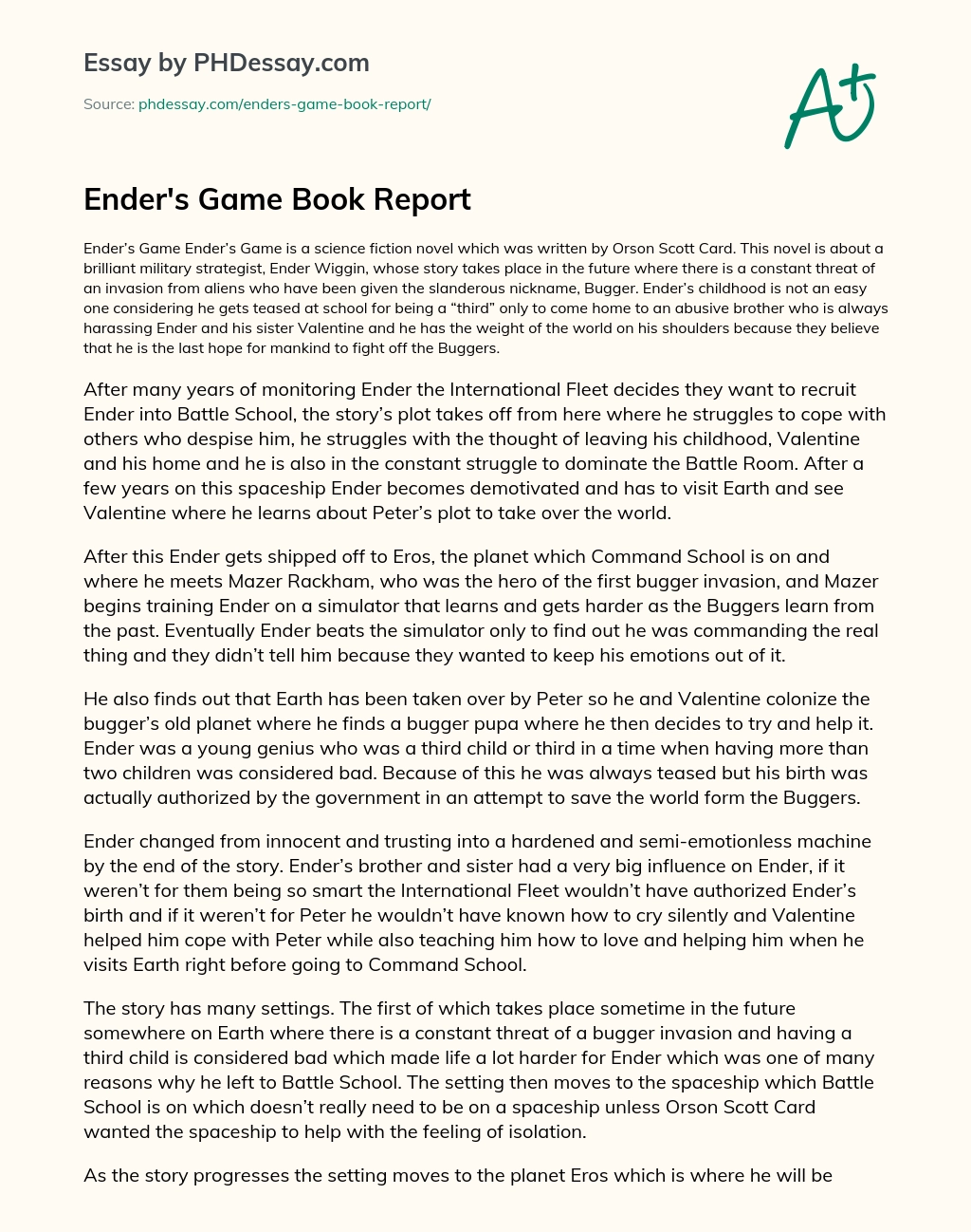 Ender’s Game Book Report essay