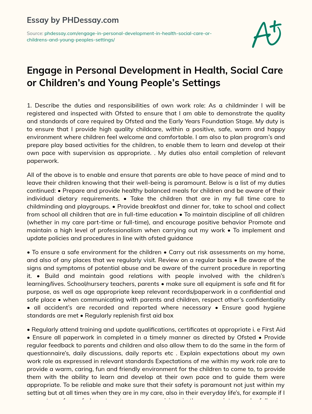 Engage in Personal Development in Health, Social Care or Children’s and Young People’s Settings essay