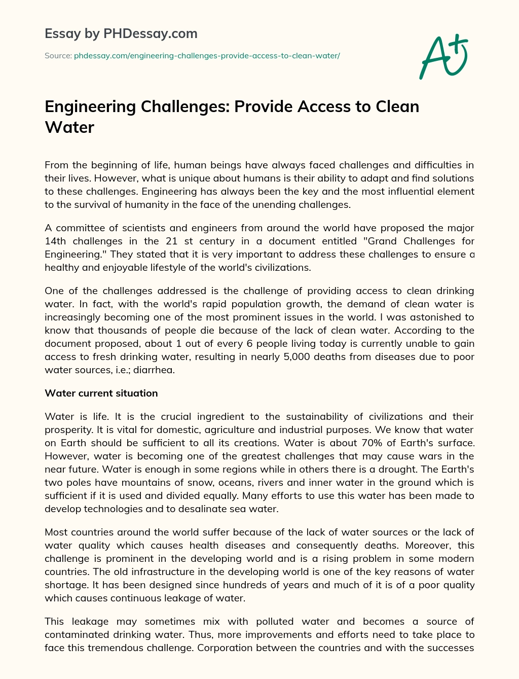 Engineering Challenges: Provide Access to Clean Water essay