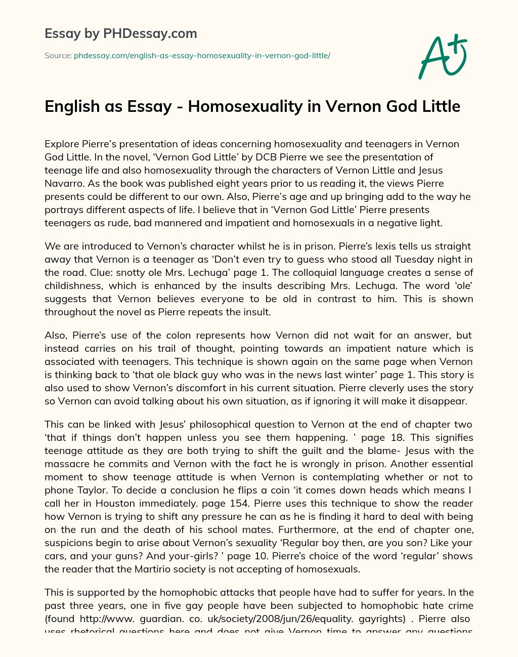 English as Essay – Homosexuality in Vernon God Little essay
