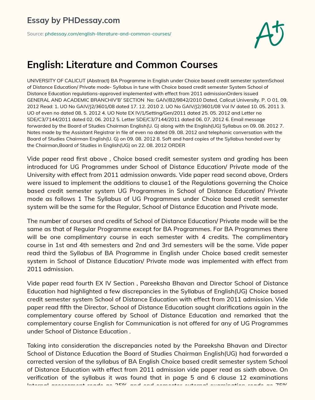 English: Literature and Common Courses essay