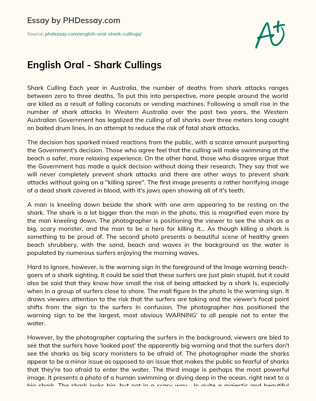 English Oral – Shark Cullings essay