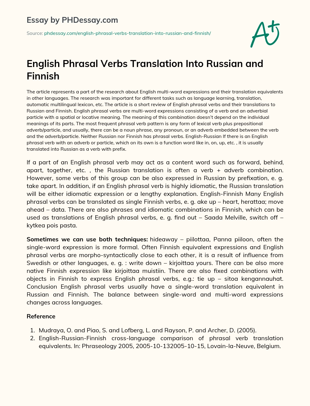 English Phrasal Verbs Translation Into Russian and Finnish essay