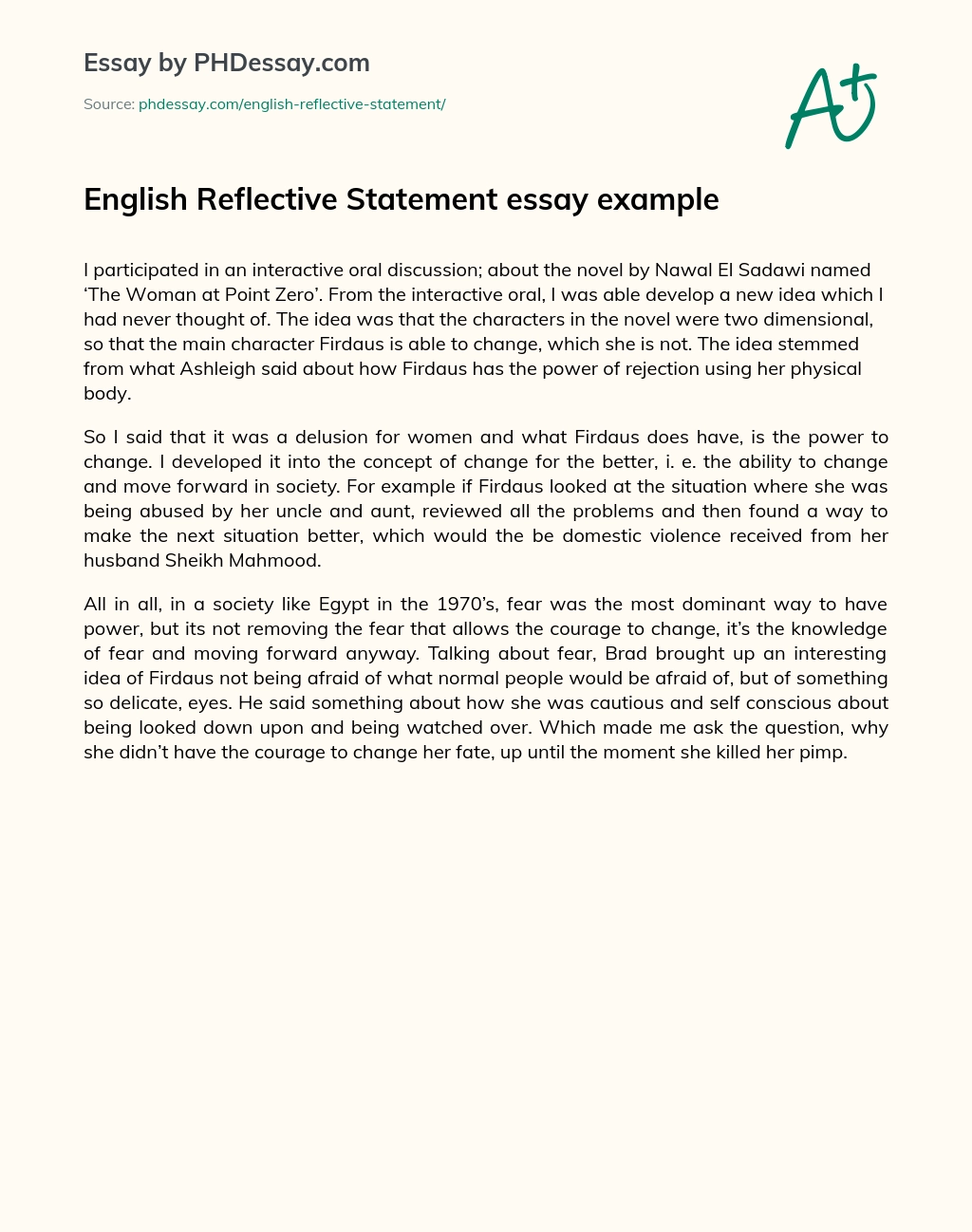 English Reflective Statement essay example