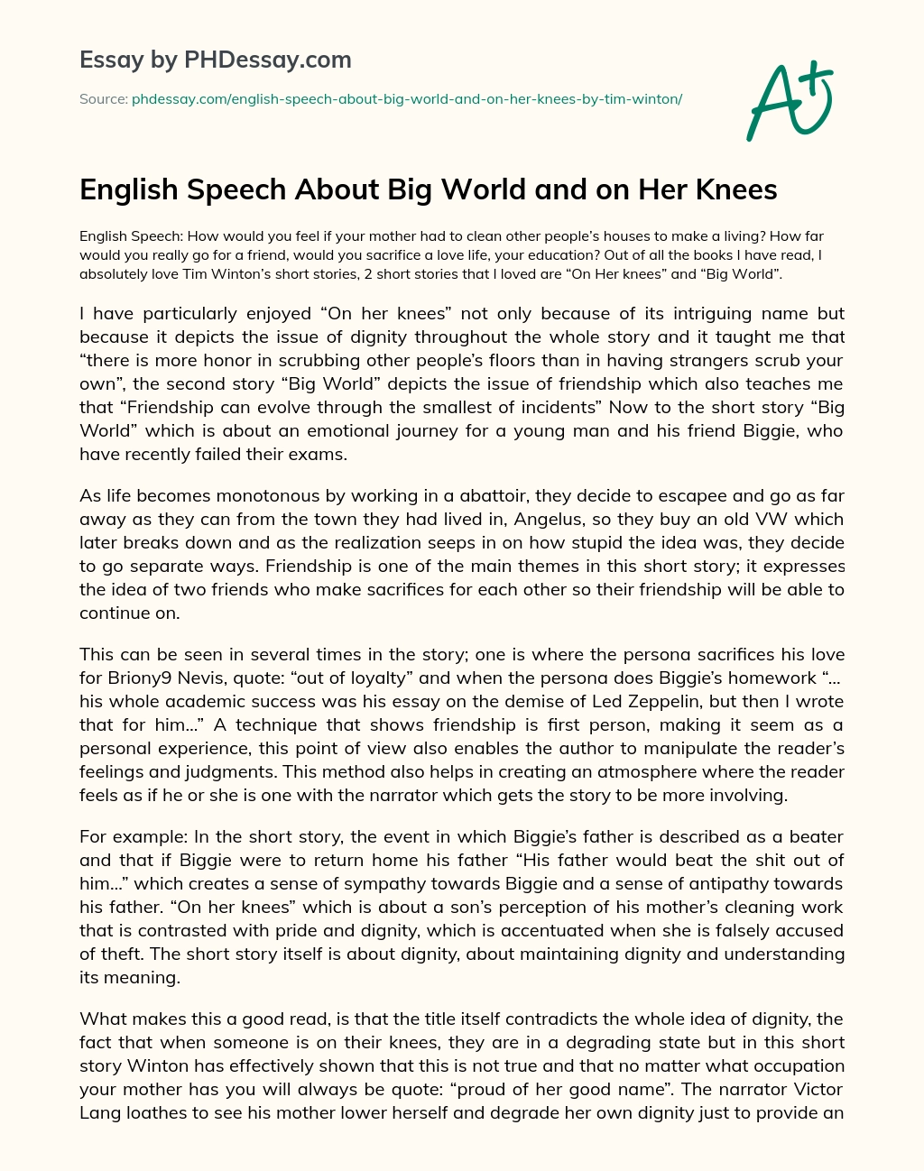 English Speech About Big World and on Her Knees essay